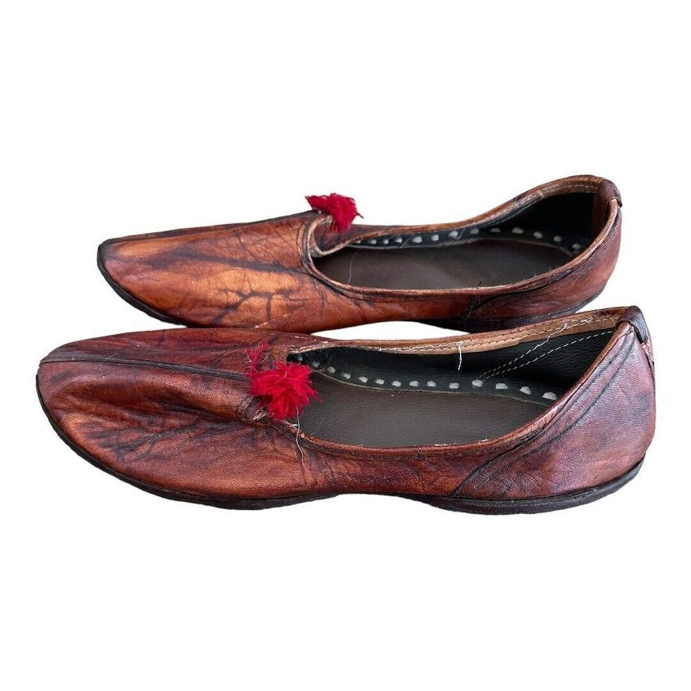 MahYogan Juties Mens Hand Stitched with Pom Poms Leather Brown Shoes Slippers 12